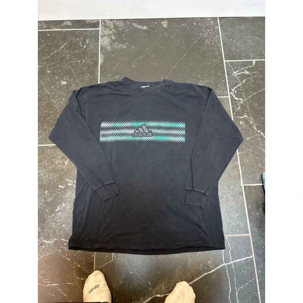 Adidas Mens Long Sleeve Graphic T-Shirt Black Teal Checkered Mountain Logo XL